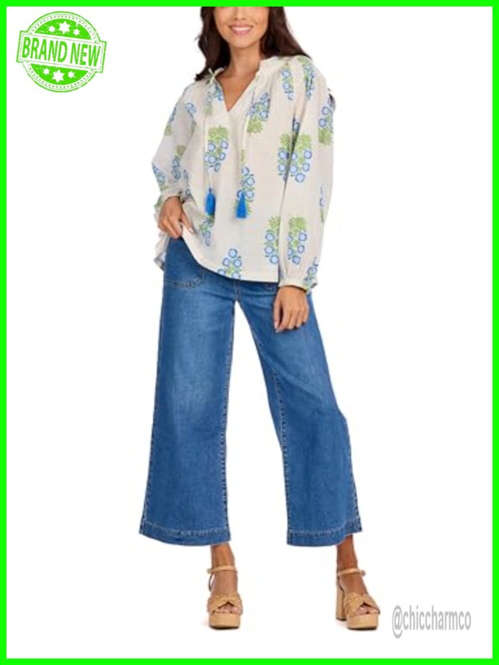 Women's Cotton Cambric V-Neck Peasant Top Ruffle Long Sleeve